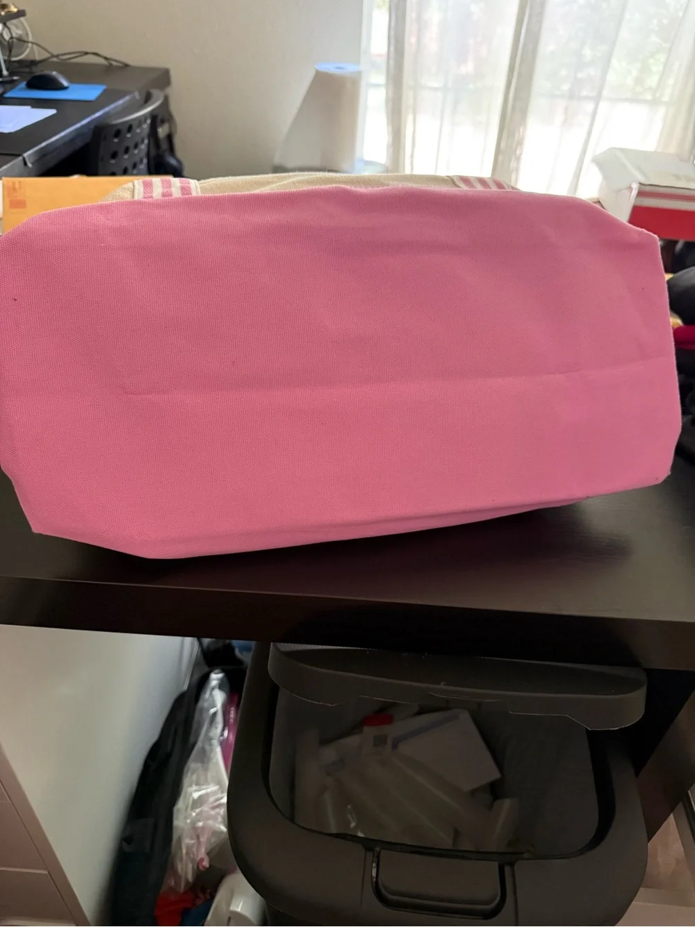 Victoria's Secret NWT pink and cream canvas tote bag with pink striped trim.